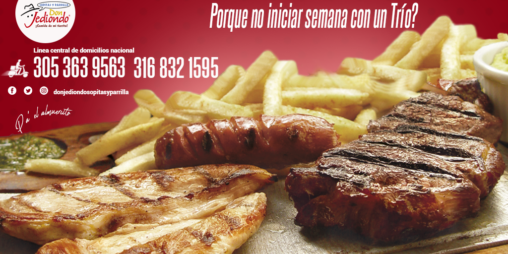 donjediondos's tweet photo. Porqué no iniciar la semana con un trío?😱😋
Sumercé usted pide y nosotros lo llevamos hasta su casa!!!
Domicilios☎️ 3053639563 - 3168321595 - 3142888888
#comidaboyacense #comidasana #comidademitierrita #domicilios #quedateencassa #donjediondosopitasyparrilla https://t.co/xWy3W6N0bq
