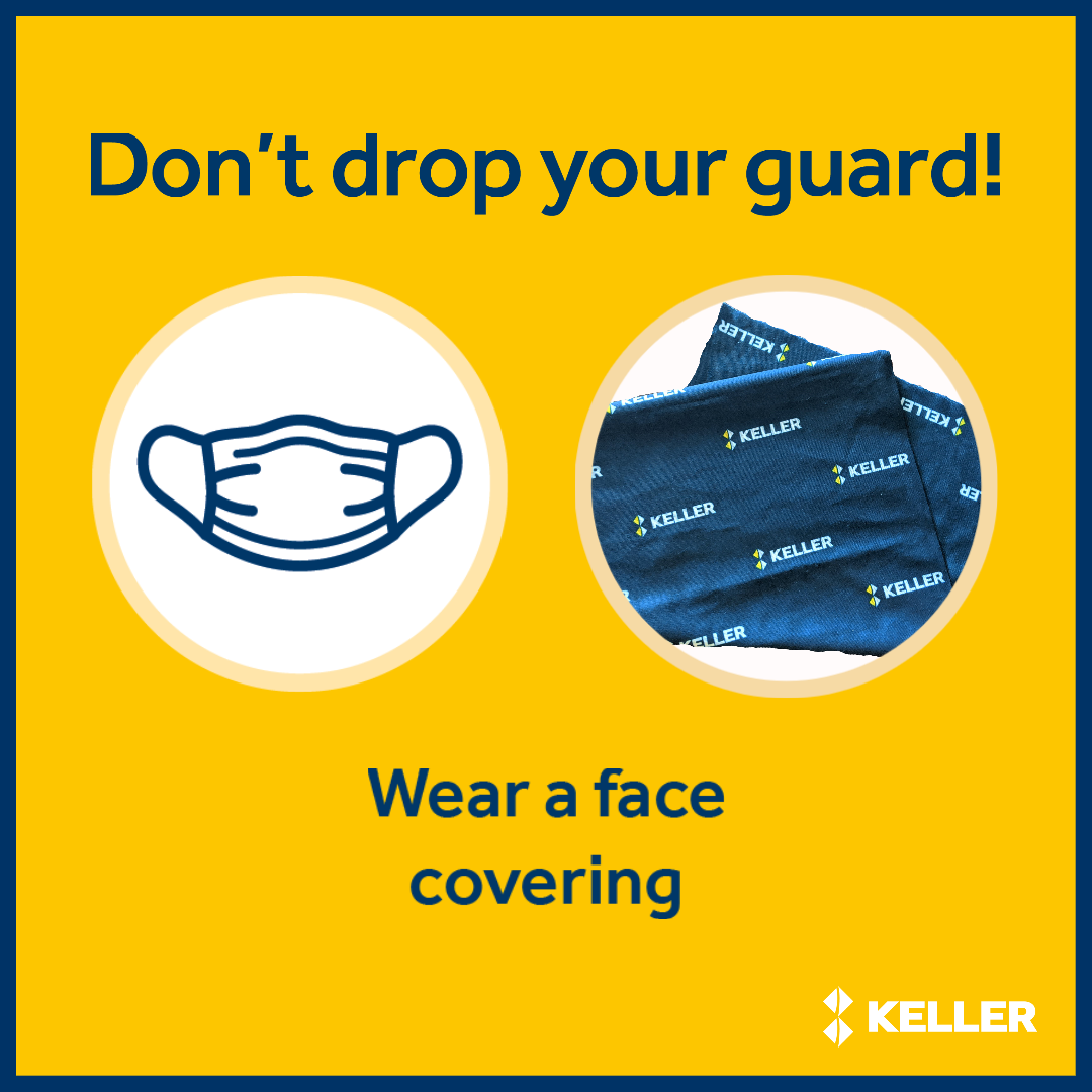 Keller_NA's tweet photo. Don't drop your guard - wear a mask! To help keep everyone safe, Keller created their own brandana for their employees! So whether you're walking down the hallway in the office, or out operating a rig on site, our masks are ready to protect you and others. #KellerCares https://t.co/f91bicWBDD