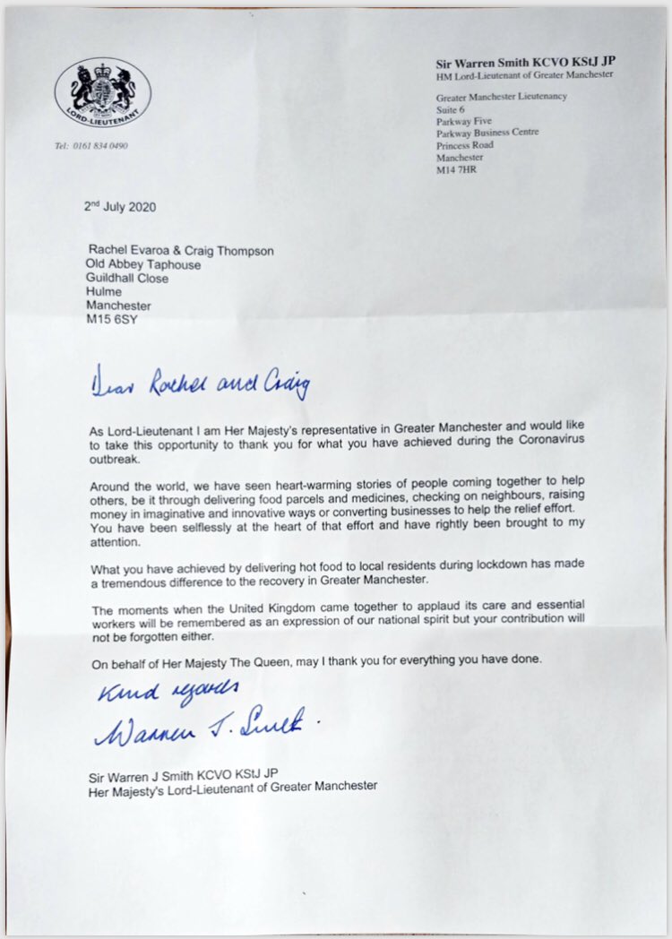 Old_Abbey_MSP's tweet image. Last week we received a letter from the Lord Lieutenant of Greater Manchester on behalf of Her Majesty The Queen to thank us for all our hard work delivering food and support for our neighbours during COVID-19.

Today marks the 14th week of us providing meals!

✨✨✨✨✨✨✨