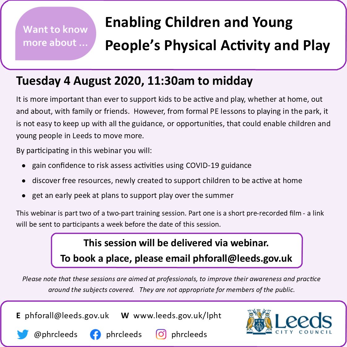 There's still plenty of time to book onto one of our August WTKMA webinar sessions💻
👧🧒Enabling Children and Young People's Physical Activity and Play⚽️🤸‍♀️
4th August, 11.30am - details on how to book below👇
<a href="/Child_Leeds/">Child Friendly Leeds</a>