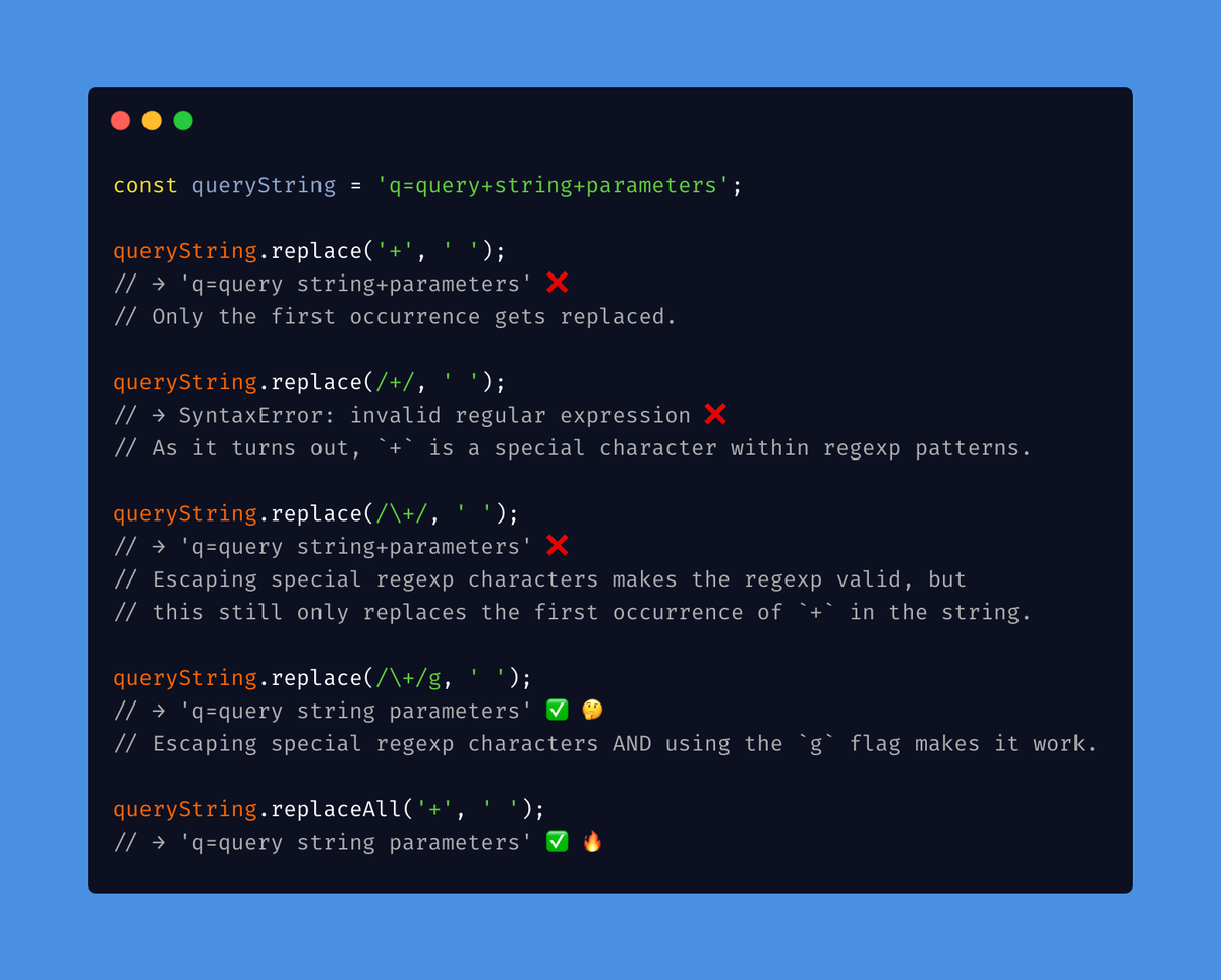 JavaScript now has first-class support for global substring replacement through the new `String.prototype.replaceAll` API.