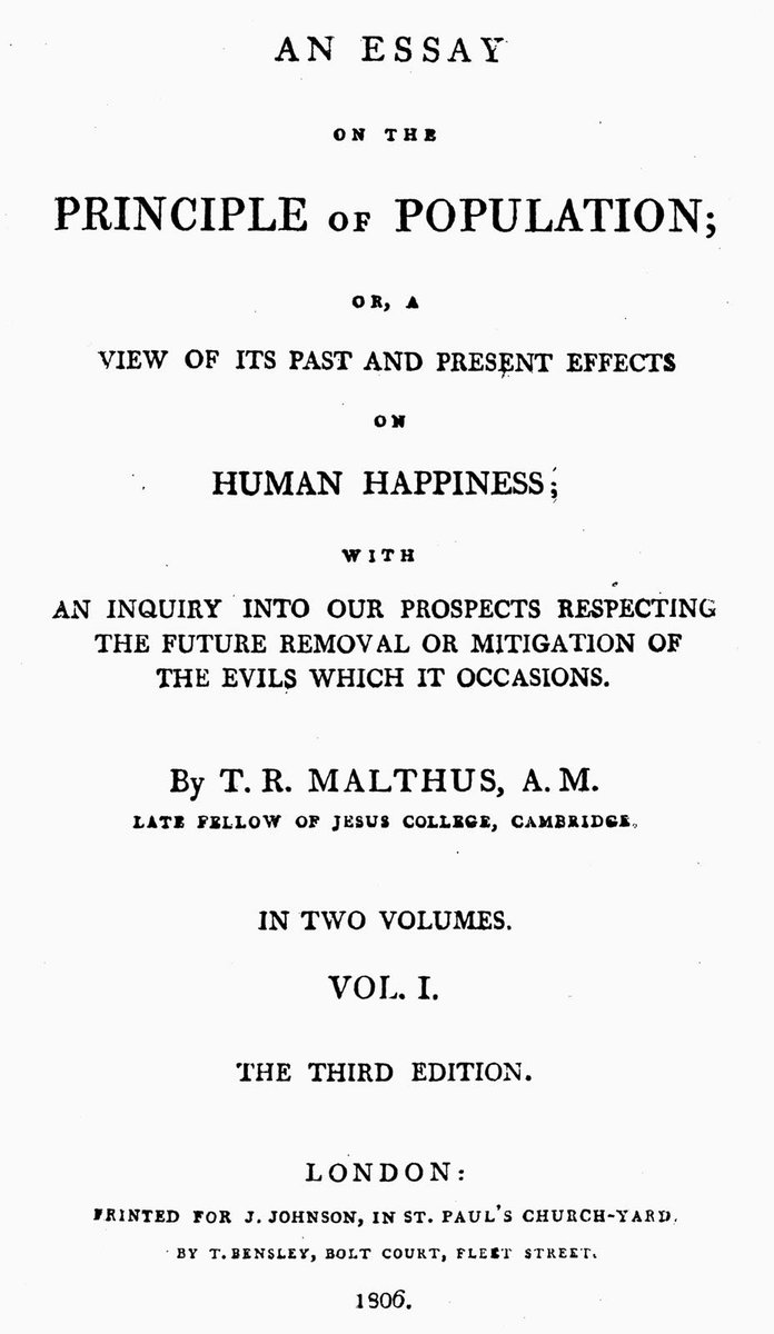 The only solution is to lower birth rates or raise death rates. Malthus thought lowering birth rates was impossible. Therefore death rates would, inevitably, rise. “Misery,” he said in his book, is “the necessary and inevitable results of [these] laws of nature.” 5/10