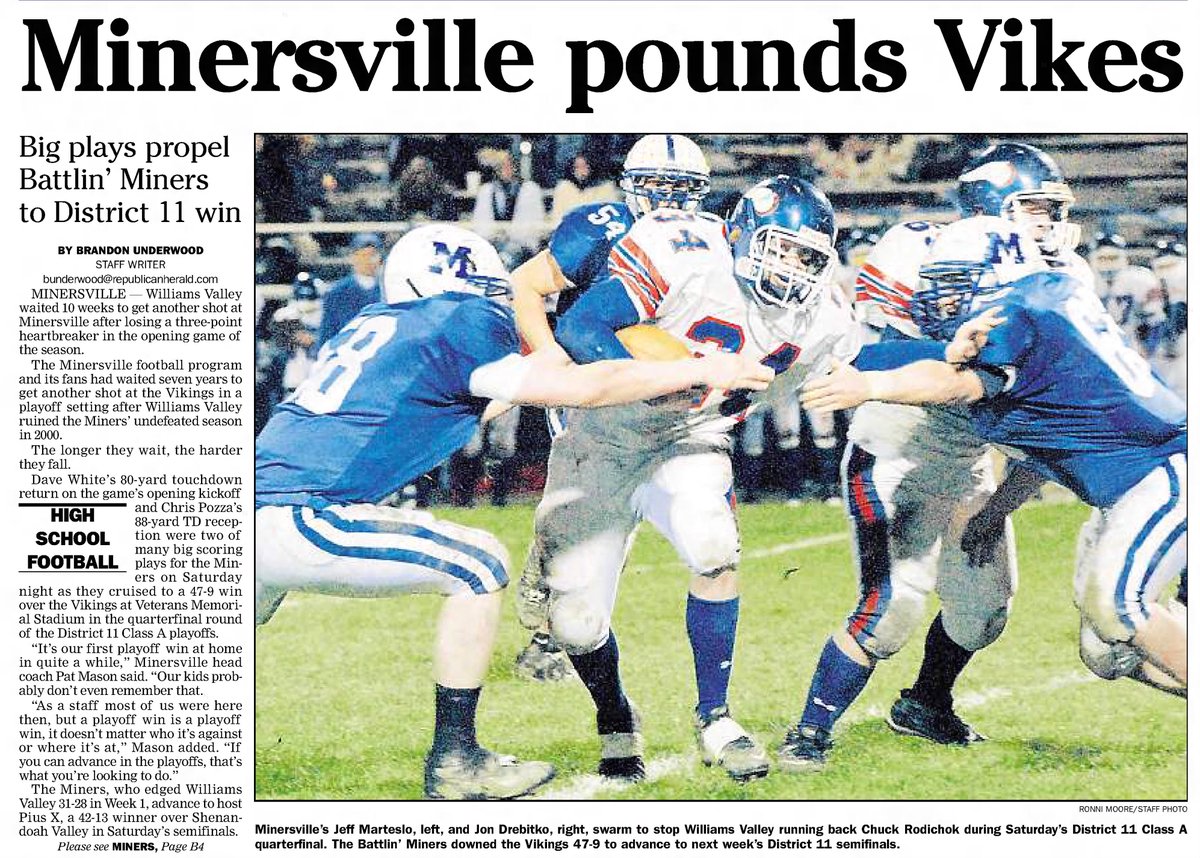 Heading into the second week of district playoffs, Minersville had just pummeled Williams Valley 47-9, a team they squeaked by 31-28 in the regular season. At 9-2, they had the chance to become the 10th team in school history with double-digit wins.(3/23)