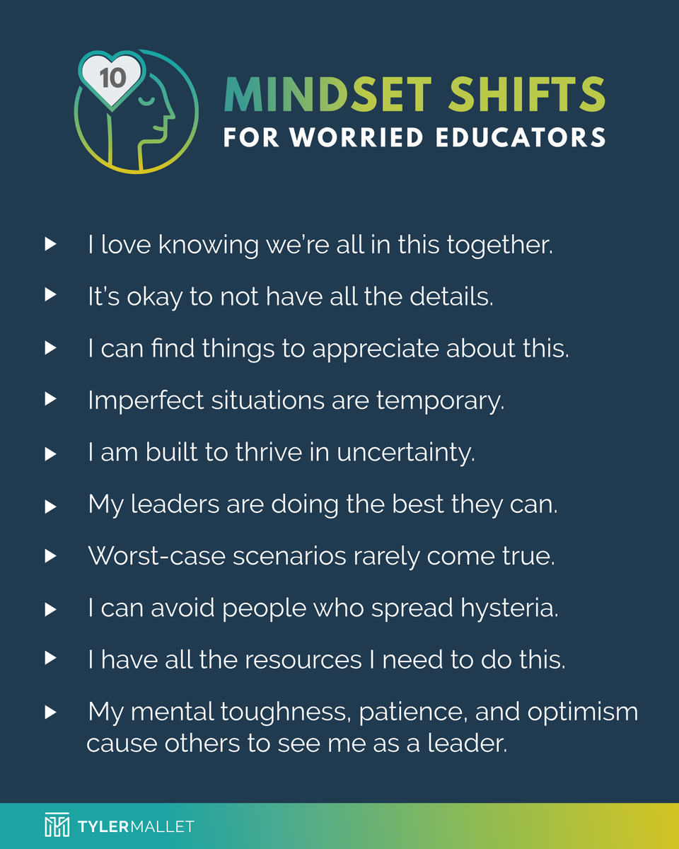 edcoachtyler's tweet photo. Educators, one of the best ways you can lead right now is to model for your colleagues what a positive mindset sounds like. Here are 10 shifts that might help soothe someone you encounter today who may have the blues. What’s your go-to mindset shift (not on this list)? https://t.co/QfdohhDbel