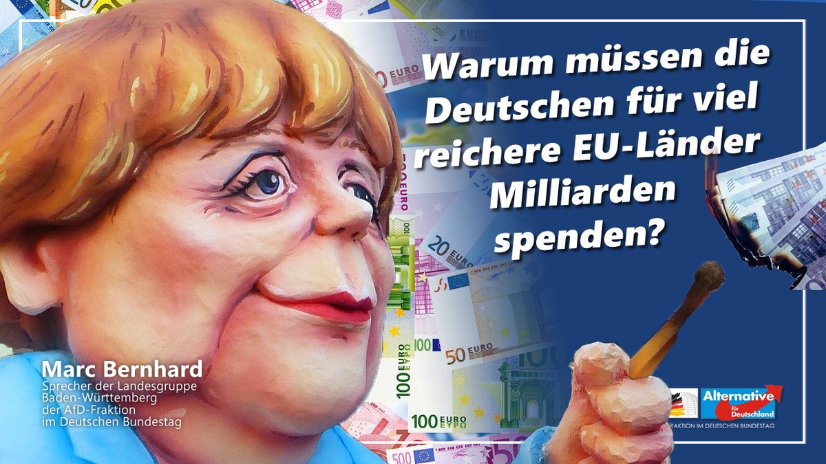 MarcBernhardAfD's tweet photo. #Spendable #Kanzlerin verramscht die #Zukunftsperspektiven unserer #Kinder! 390 #Milliarden werden an die Schuldenstaaten verschenkt. Weitere 360 Mrd. Euro an „Krediten“ de facto ebenso. Der Ausverkauf geht in das Endstadium, allerhöchste Zeit das Ruder herumzureißen! #Bernhard https://t.co/EZ7FMU1kRi