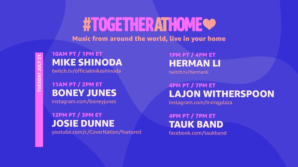 amazonmusic's tweet photo. Tap in to our Tuesday lineup #TogetherAtHome 💜

➡️ https://t.co/hW717blI84

👋 @mikeshinoda 
👋 @BoneyJunesBand 
👋 @JosieDunneMusic 
👋 @HermanLi 
👋 @ljspoon 
👋 @TAUKband https://t.co/hVBEjRsIBw