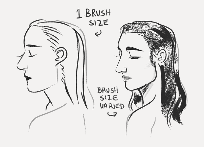 managing your line's weight is something important to keep in mind. Using a single, uniform brush size works for some art styles of course, but using a variety of line thickness can go a long way, and save you so much time, and can help add depth to your art- see example below. 