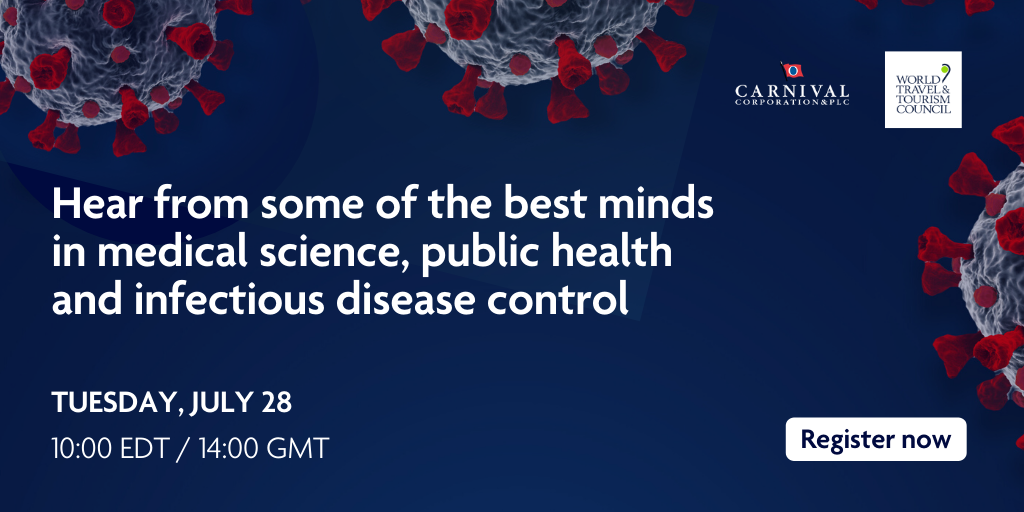 WTTC's tweet photo. Join us on July 28th for an in-depth talk in partnership with @CarnivalPLC on critical topics and key learnings relevant to the COVID-19 pandemic.
✔️ Register for the Summit at https://t.co/TxP8XHq1u8
#CovidScienceSummit #COVID19 #Research https://t.co/rDK7kUgevo