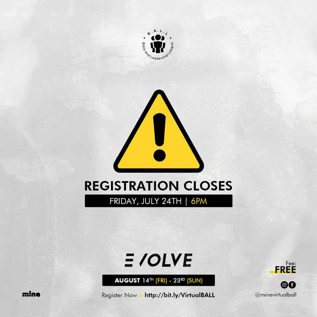 mineTMabeokuta's tweet photo. 705 slots taken. 295 left! @minevirtualball

Registration closes on Friday, July 24th by 6pm. Link: https://t.co/f4MP8Z3nlm 

#minetm #ball2020 #evolve #24daystogo #teensministry #youthministry #thewealthyministry https://t.co/E9F4qQnhrk