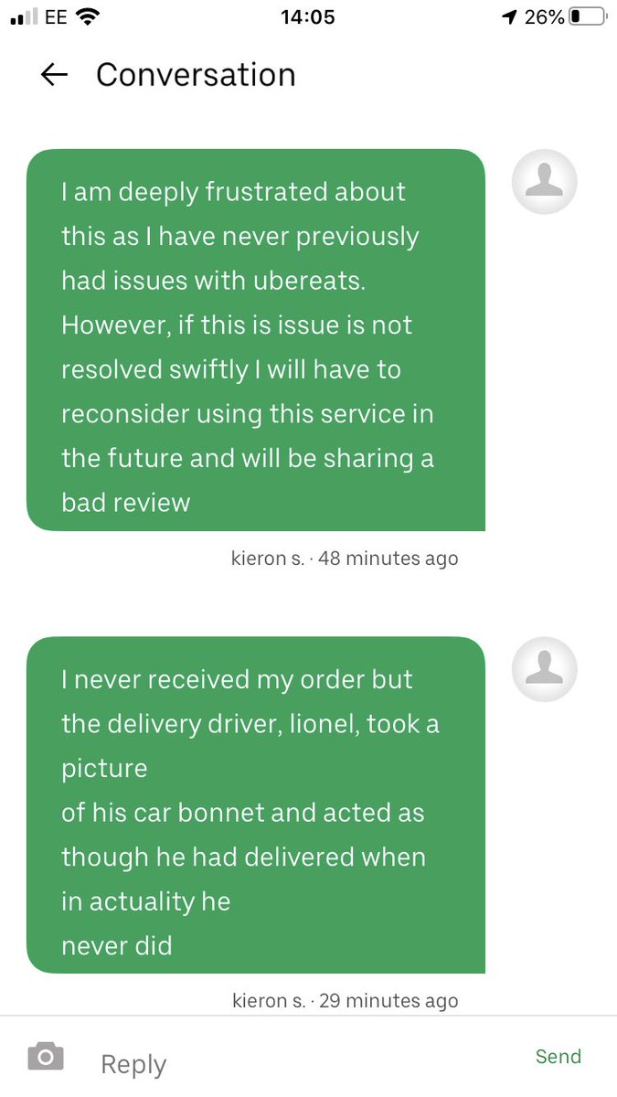 kieronsellars3's tweet photo. So I’m ordered some food from @UberEats. I never received the food and my query was acknowledged but they found no resolution for my issue. Ultimately, I’ve been charged for a service which was never provided. https://t.co/eJajSWXHG5