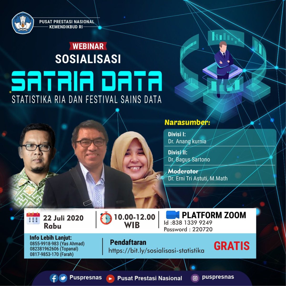 akstk29's tweet photo. Statistika Ria yang biasa diselenggarakan oleh Departemen Statistika IPB University, mulai tahun 2020 ini akan menjadi agenda nasional Kemendikbud dengan nama STATISTIKA RIA DAN FESTIVAL SAINS DATA (SATRIA DATA). Ayo ikuti seri sosialisasinya : 22/7, 24/7, dan 27/7. https://t.co/cWoFiqXgiB