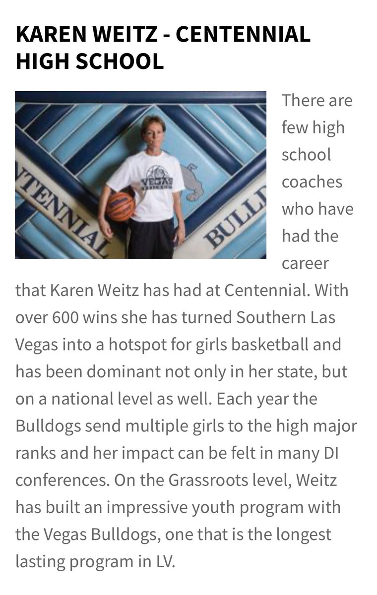 centennialgbb's tweet photo. Congrats to our leader and a true 🐐 in our eyes... Coach Karen Weitz. She has changed the landscape of Southern NV and for our state as a whole. https://t.co/pPewa5w7Ds