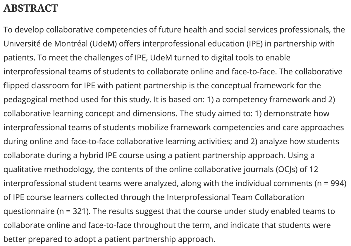 Audrey Raynault,Ph.D. (@audsoleil) on Twitter photo How interprofessional teams of students mobilized #collaborativepractice competencies and the #patientpartnership approach in a hybrid #IPE course #flippedclassroom #IPCP #hybridlearning by
<a href="/audsoleil/">Audrey Raynault,Ph.D.</a> Paule Lebel <a href="/ibrault/">Isabelle Brault</a> <a href="/mcvanier/">Marie-claude vanier</a> Luigi Flora <a href="/JICare/">Journal of Interprofessional Care</a> tandfonline.com/doi/full/10.10… How interprofessional teams of students mobilized #collaborativepractice competencies and the #patientpartnership approach in a hybrid #IPE course #flippedclassroom #IPCP #hybridlearning by
<a href="/audsoleil/">Audrey Raynault,Ph.D.</a> Paule Lebel <a href="/ibrault/">Isabelle Brault</a> <a href="/mcvanier/">Marie-claude vanier</a> Luigi Flora <a href="/JICare/">Journal of Interprofessional Care</a> tandfonline.com/doi/full/10.10…