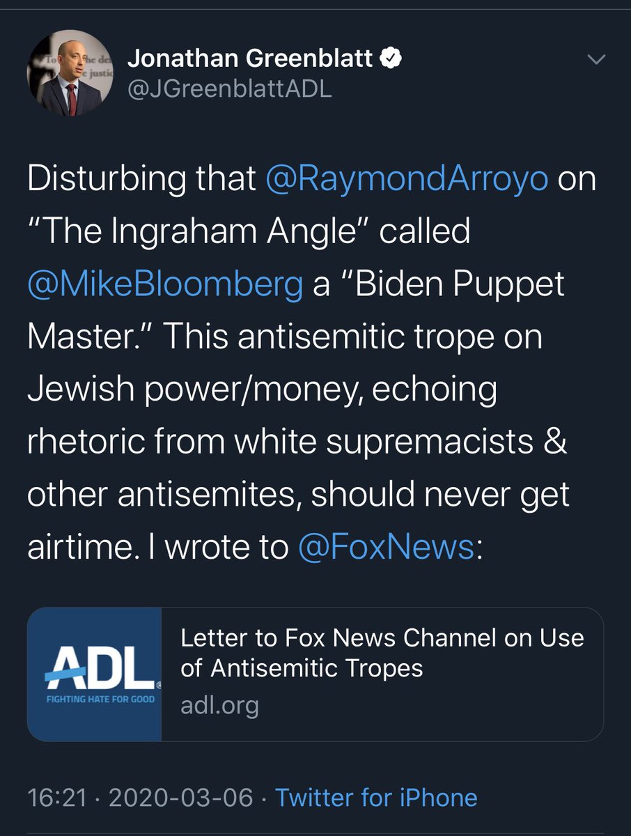 In the past, when individuals used puppet-master rhetoric,  @adl  @JGreenblattADL & other groups rightly identified & criticized it as conspiratorial antisemitism. Its use as a political attack by official accounts of the GOP & the Trump campaign merits a stronger condemnation.