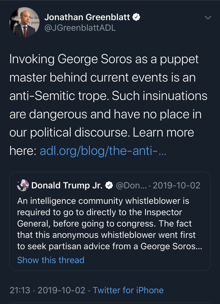 In the past, when individuals used puppet-master rhetoric,  @adl  @JGreenblattADL & other groups rightly identified & criticized it as conspiratorial antisemitism. Its use as a political attack by official accounts of the GOP & the Trump campaign merits a stronger condemnation.