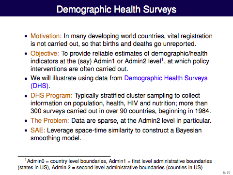 CivicAngela's tweet photo. @hunterwadeyork @Woody_WongE @jonwakeblue These lecture notes are fantastic! I've definitely used Bayesian methods for small area estimates of health indicators - thanks for the link to these extremely clear slides! #rspatialchat https://t.co/52R9ai5jcA