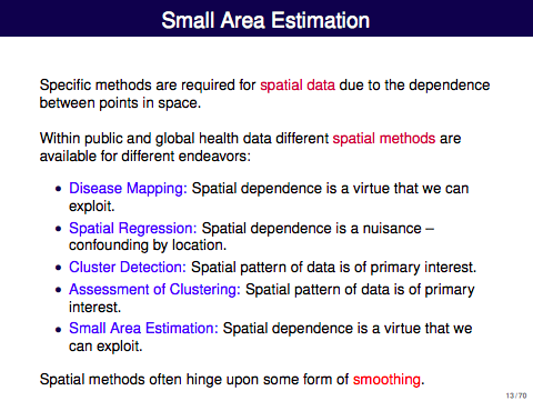 CivicAngela's tweet photo. @hunterwadeyork @Woody_WongE @jonwakeblue These lecture notes are fantastic! I've definitely used Bayesian methods for small area estimates of health indicators - thanks for the link to these extremely clear slides! #rspatialchat https://t.co/52R9ai5jcA