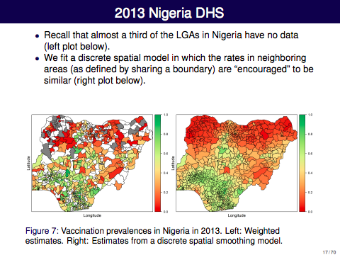 CivicAngela's tweet photo. @hunterwadeyork @Woody_WongE @jonwakeblue These lecture notes are fantastic! I've definitely used Bayesian methods for small area estimates of health indicators - thanks for the link to these extremely clear slides! #rspatialchat https://t.co/52R9ai5jcA