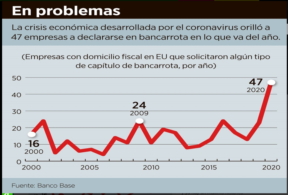 marlen_hmdz's tweet photo. Luis Alvarado, analista del mercado de capitales de @BANCO_BASE, refirió que en lo que va del año 47 empresas de EU se han apegado a los capítulos de bancarrota, alcanzado un máximo histórico. 
Las compañías del sector energético y de consumo discrecional fueron las más afectadas https://t.co/mftYskfelE