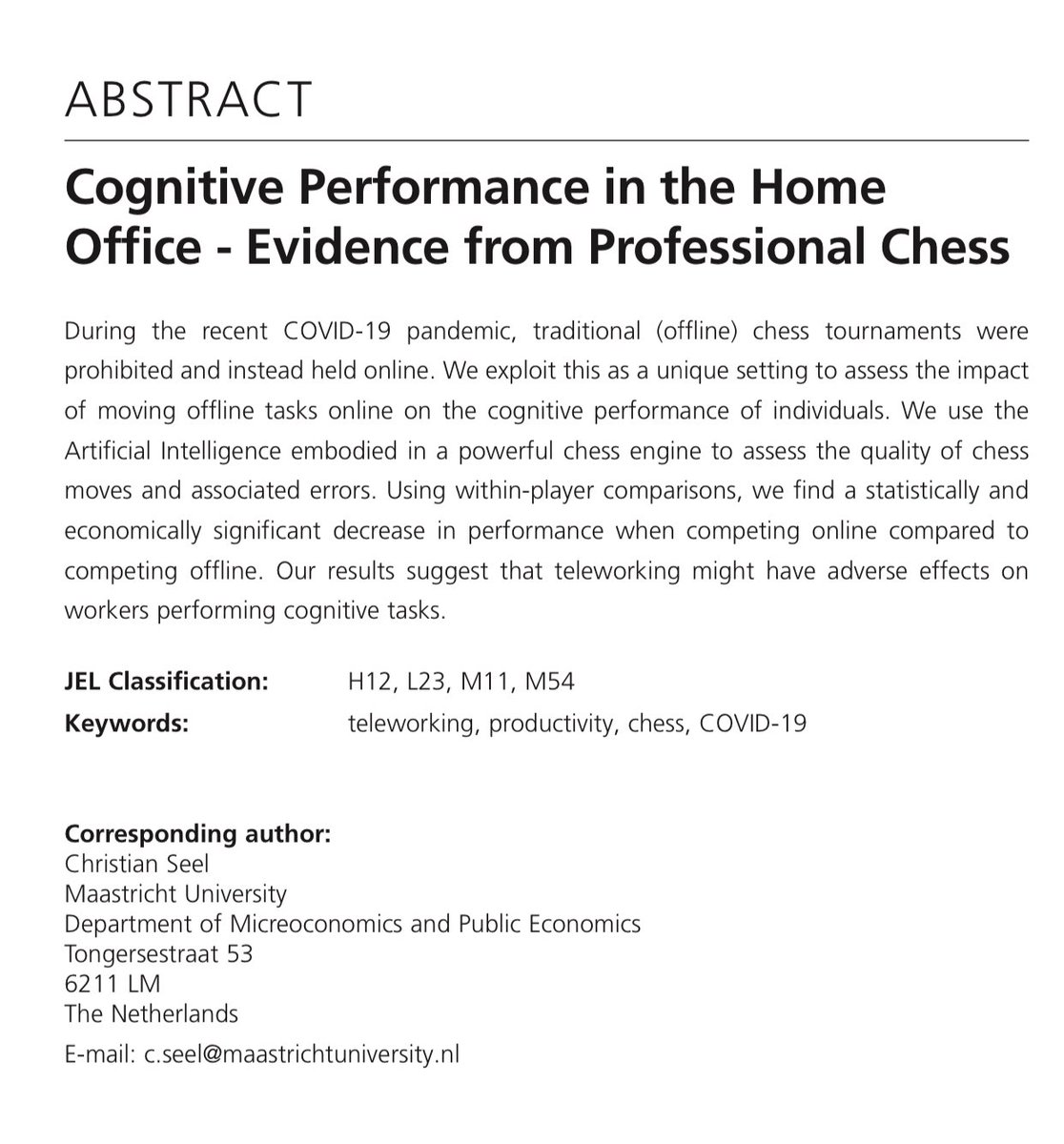 This paper tries to figure out how productivity changes when we work remotely by examine chess tournaments. When COVID forced chess players to switch online, they made the same number of errors, but those errors got 15% worse & didn’t improve with time. 2/  http://ftp.iza.org/dp13491.pdf&nbsp;