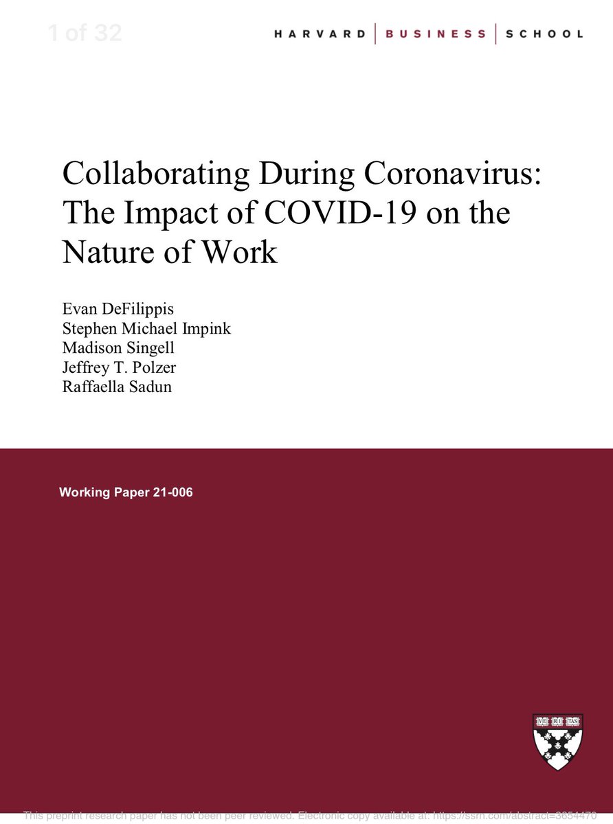 This cool paper looks at the work email patterns of 3M people and finds that we are working days that are 45 minutes longer, and having more meetings with more people that are shorter in length. Overall, the total time spent in meetings has dropped 10%. 3/  https://papers.ssrn.com/sol3/papers.cfm?abstract_id=3654470