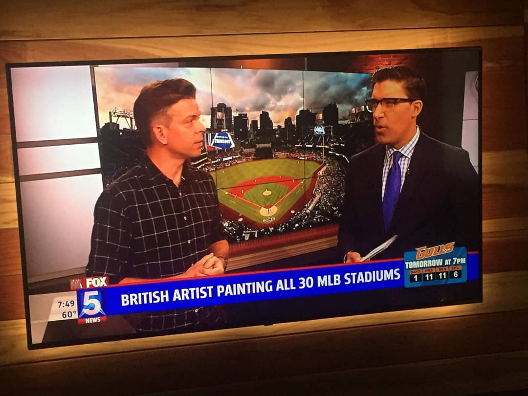 19/04/17Painting from the balcony the live Fox 5 News morning show. An early start before being interviewed by anchor man  @RaoulMartinezTV. After breakfast it was back to Petco to meet a local news channel. #MLB  #DiamondsOnCanvas  #AndyBrown