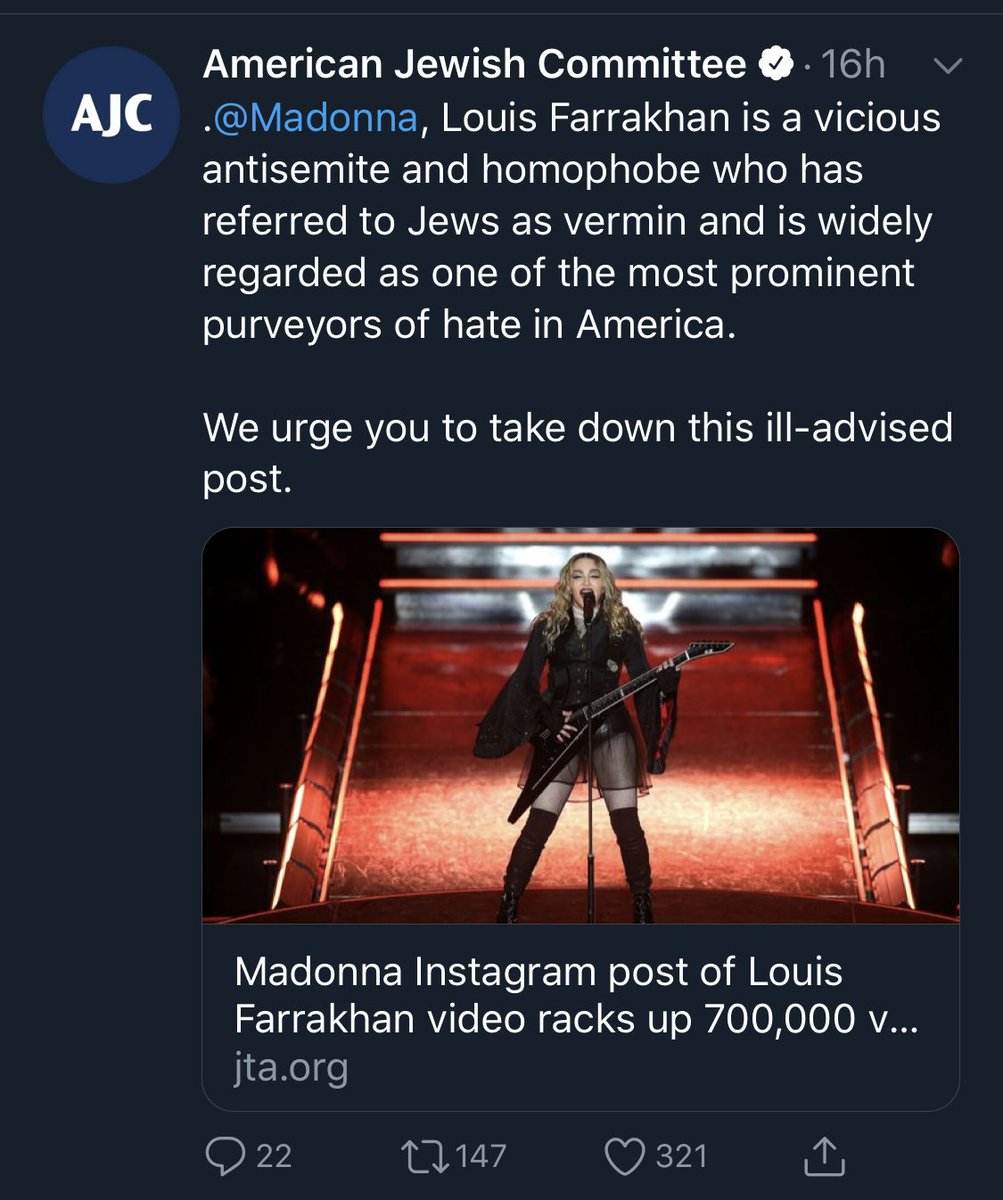 In February,  @AJCGlobal criticized the evocation of antisemitic ‘puppet master’ rhetoric in the comments by a member of the British House of Lords. Both  @AJCGlobal &  @HHuffnagleAJC are currently focused on Madonna sharing a Farrakhan video & the continuing Nick Cannon fallout.