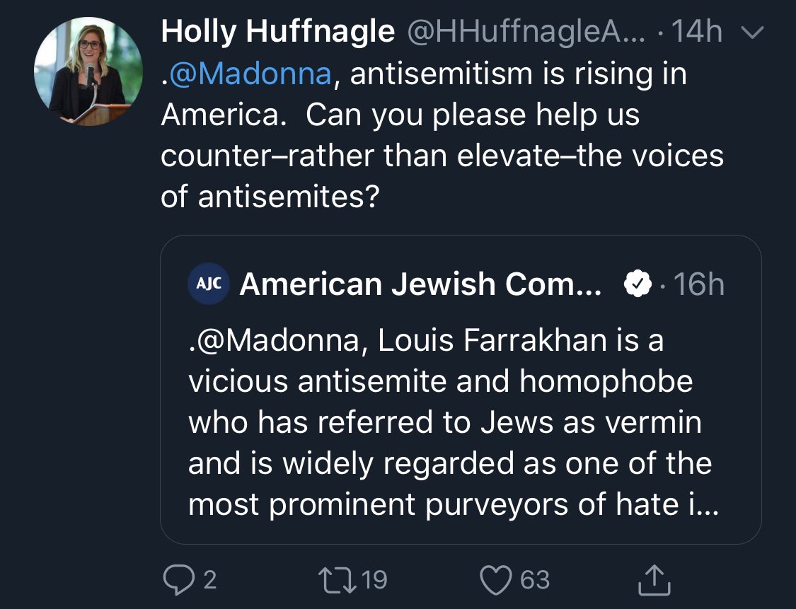 In February,  @AJCGlobal criticized the evocation of antisemitic ‘puppet master’ rhetoric in the comments by a member of the British House of Lords. Both  @AJCGlobal &  @HHuffnagleAJC are currently focused on Madonna sharing a Farrakhan video & the continuing Nick Cannon fallout.