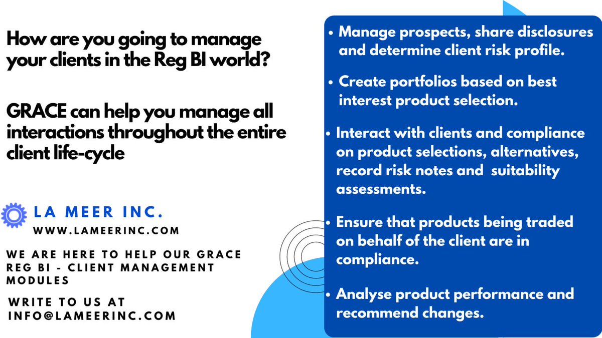 LaMeerInc's tweet photo. In our latest #RegBI blog we discuss how to manage your clients and recommendations under #RegulationBI
We have a full solution to help your with your #RegBI obligations with GRACE for #RegBI
#RegTech #RIA #brokerdealer
https://t.co/oiGorbeeSu https://t.co/Ksr2UMaJN6
