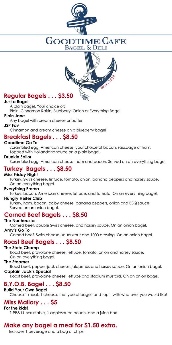 TheGoodtimeCafe's tweet photo. What menu item are you most excited to try? Is there one you’d like to see a picture of? Let us know! #GoodtimeCafe #HalfPoundSandwiches https://t.co/qChy96ZevQ