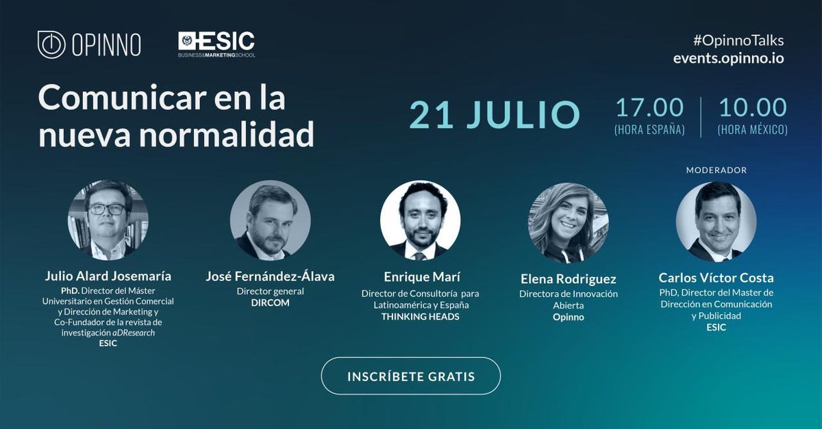 Comunicar en la nueva normalidad: ¿te has planteado lo que ha cambiado la comunicación en tu día a día? Analizamos hoy las tendencias en la #comunicación post-covid19 by <a href="/opinno/">Opinno</a> <a href="/ESICMadrid/">ESIC Madrid</a> <a href="/ThinkingHeads/">Thinking Heads</a> <a href="/DircomSpain/">Dircom</a> 
Síguelo en directo aquí: bit.ly/3hHe66m
#OpinnoTalks