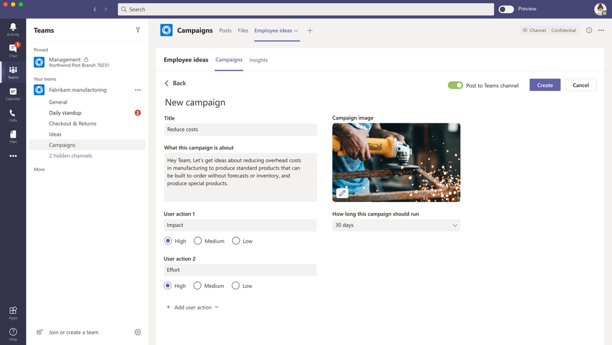 We'll even include pre-made templates that are purpose built for Teams, for common scenarios like Asset Inspection, Floor Walk, Employee Ideas, and more.