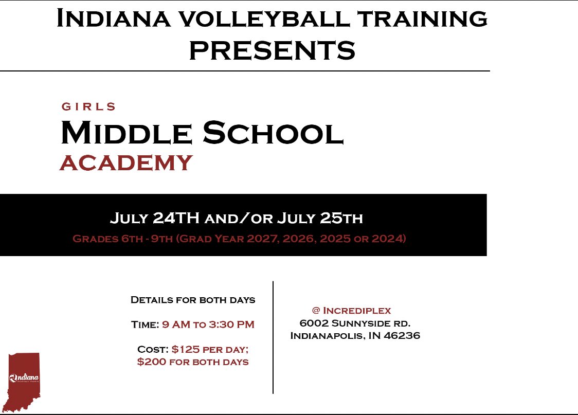 Come train with the Indiana Volleyball Training staff <a href="/Incrediplex/">Incrediplex</a> this weekend for our final Middle School Academy. Click the link in our bio to register today! #summercamps #volleyball