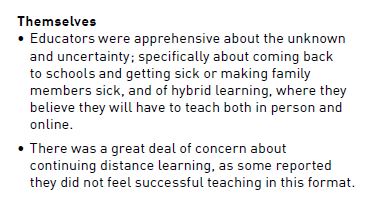 Key Finding 3: EDUCATORS ARE WORRIED – About (Students) (Families) (Themselves) Factors relate to learning in the 2020-2021 school year, from how they will build relationships in distance learning to how they will be able to stay healthy in in-person learning. 4/