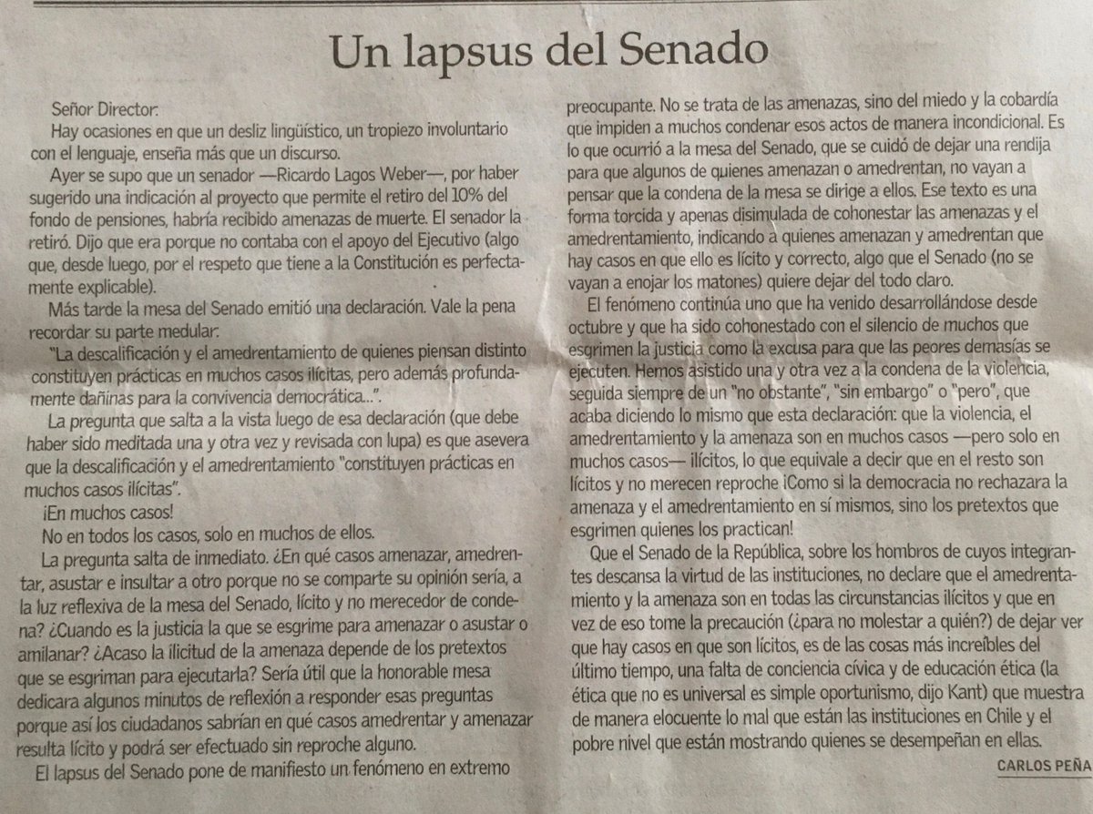 MnicaLp95445517's tweet photo. @maylwino La mesa del senado no piensa así. Solo algunas amenazas son válidas? Bien Carlos Peña. https://t.co/ucrRvwedAe