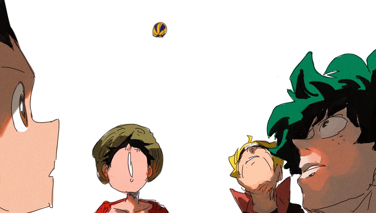 midoriya izuku ,monkey d. luffy freckles multiple boys male focus 3boys blonde hair black hair green hair  illustration images