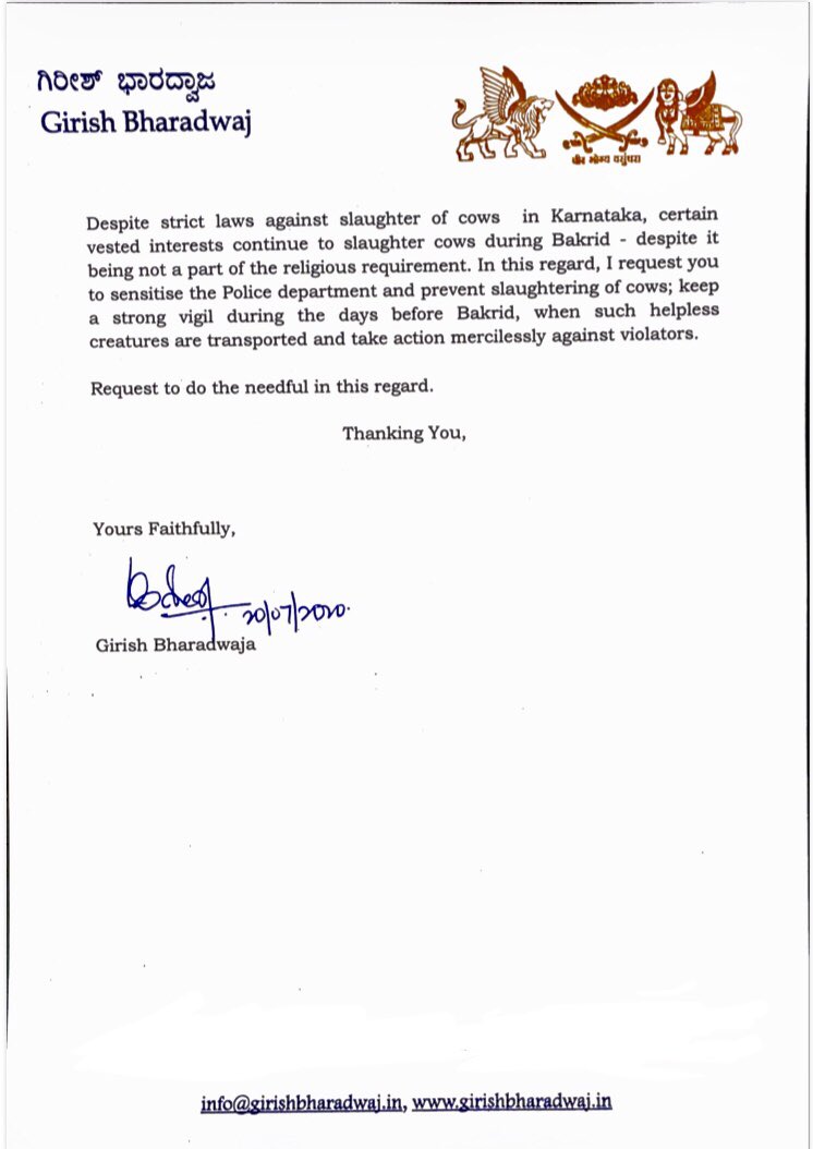 Girishvhp's tweet photo. Wrote to @DgpKarnataka,
Bringing to his notice that Illegal Slaughtering of Cows &amp; calves ahead of Bakri eid Violating Animal Welfare laws.
so what, if @PetaIndia forgot to raise it’s voice against animal cruelty,
I’m stiff to protect my Mother!
वन्दे गौ मातरम🙏🏻 https://t.co/tFengvY4eS