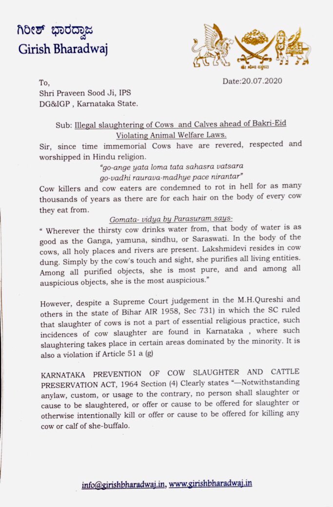 Girishvhp's tweet photo. Wrote to @DgpKarnataka,
Bringing to his notice that Illegal Slaughtering of Cows &amp; calves ahead of Bakri eid Violating Animal Welfare laws.
so what, if @PetaIndia forgot to raise it’s voice against animal cruelty,
I’m stiff to protect my Mother!
वन्दे गौ मातरम🙏🏻 https://t.co/tFengvY4eS