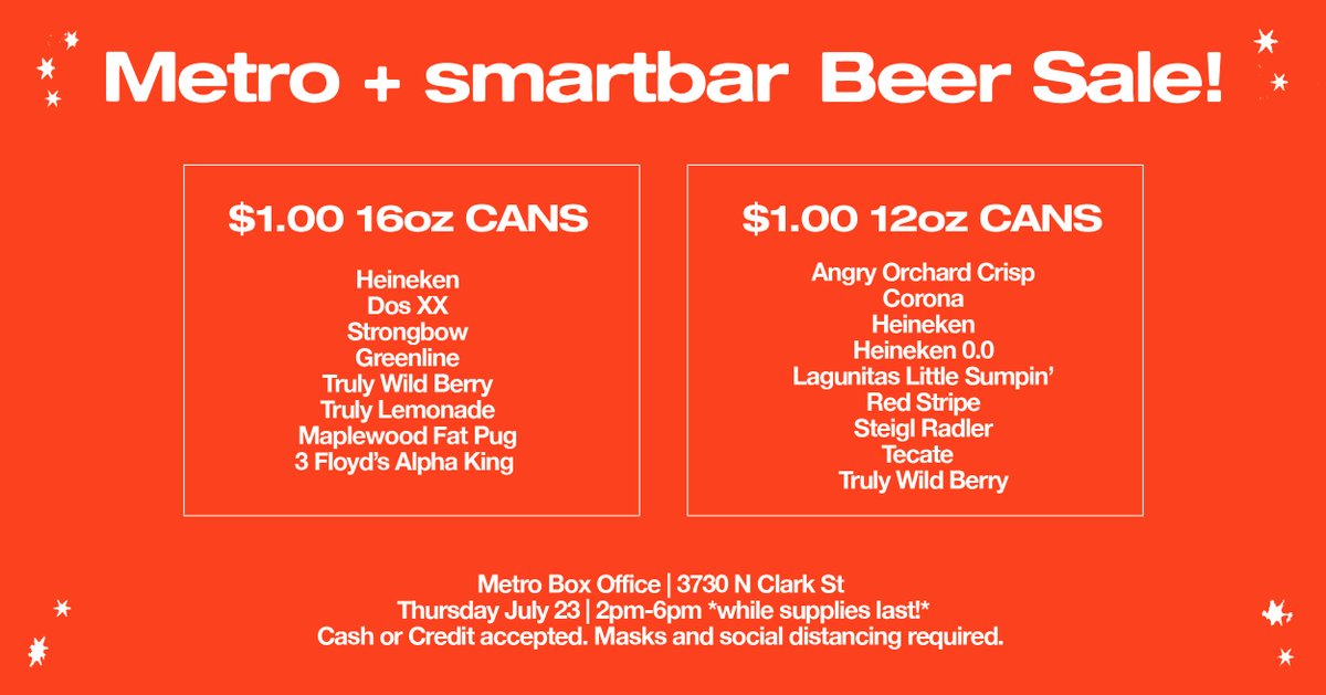 MetroChicago's tweet photo. This Thursday you can finally tell your friends you got a beer at Metro for $1. Come buy all our booze so we can do some Spring Cleaning! Bring your mask and a big bag to stuff full 'o' beer! https://t.co/tTJIE0D6Om