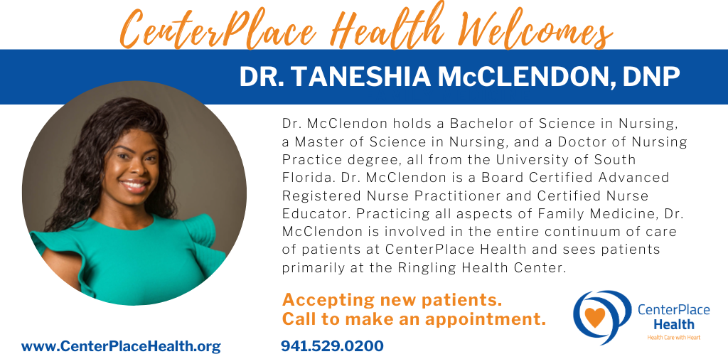 CenterPlaceHlth's tweet photo. CenterPlace Health is so happy to have Dr. Taneshia McClendon on our team. Her warmth and compassion are infectious. She is accepting new patients - call to make an appt! 941.529.0200 #HealthCareWithHeart https://t.co/TwSok0kYNl
