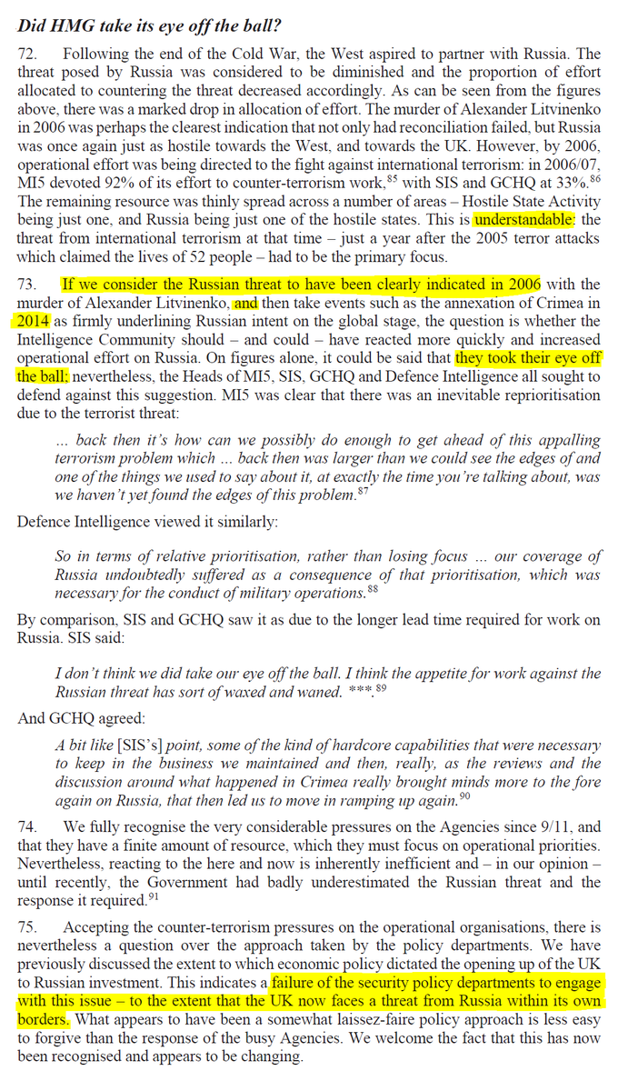 The report says that's understandable. But then it goes on to suggest that by failing to reprioritize Russia quickly enough after Litvinenko in 2006 and after Crimea in 2014 "they took their eye off the ball [and] the UK now faces a threat from Russia within its own borders."