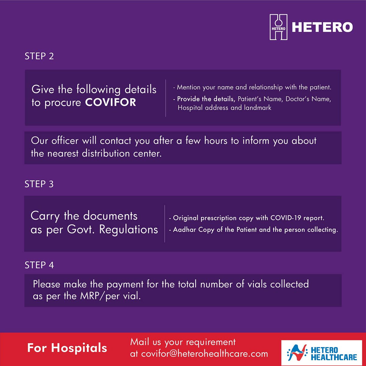 heteroofficial's tweet photo. We have been supplying Covifor only to hospitals across India, as per the Govt. regulations. Although, to meet the needs of all the patients that have been prescribed Covifor and are unable to access it at the hospital pharmacy, kindly follow these simple steps to procure it. https://t.co/rEt5mGPbJ3
