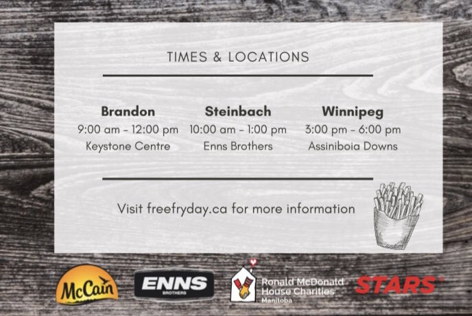 ShurGroFarmServ's tweet photo. Friday, July 24 is #FreeFryDay in support of RMHC Manitoba and @STARSambulance 👇👇👇
#frenchfriesfeedfarmers #keepingfamiliesclose #everylifeisworthfightingfor
https://t.co/MzjiLTt1b1 https://t.co/JfQVQuJY2f