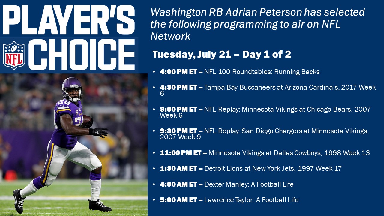 NFL Media on X: 'Day 1 of @AdrianPeterson's Player's Choice on @nflnetwork  starts TODAY at 4p ET  / X