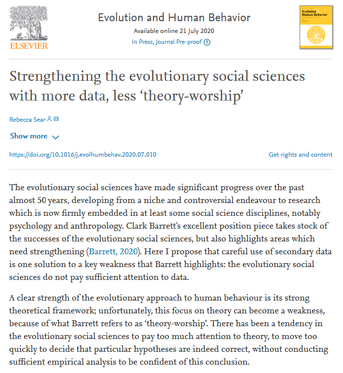 HumBehEvoSoc's tweet photo. Online first in @EvolHumBehav: "There has been a tendency in ESS to pay too much attention to theory, to move too quickly to decide that particular hypotheses are correct, w/out conducting sufficient empirical analysis to be confident of this conclusion." 
https://t.co/P4Hy7Ae6nJ https://t.co/586HZtuzgL