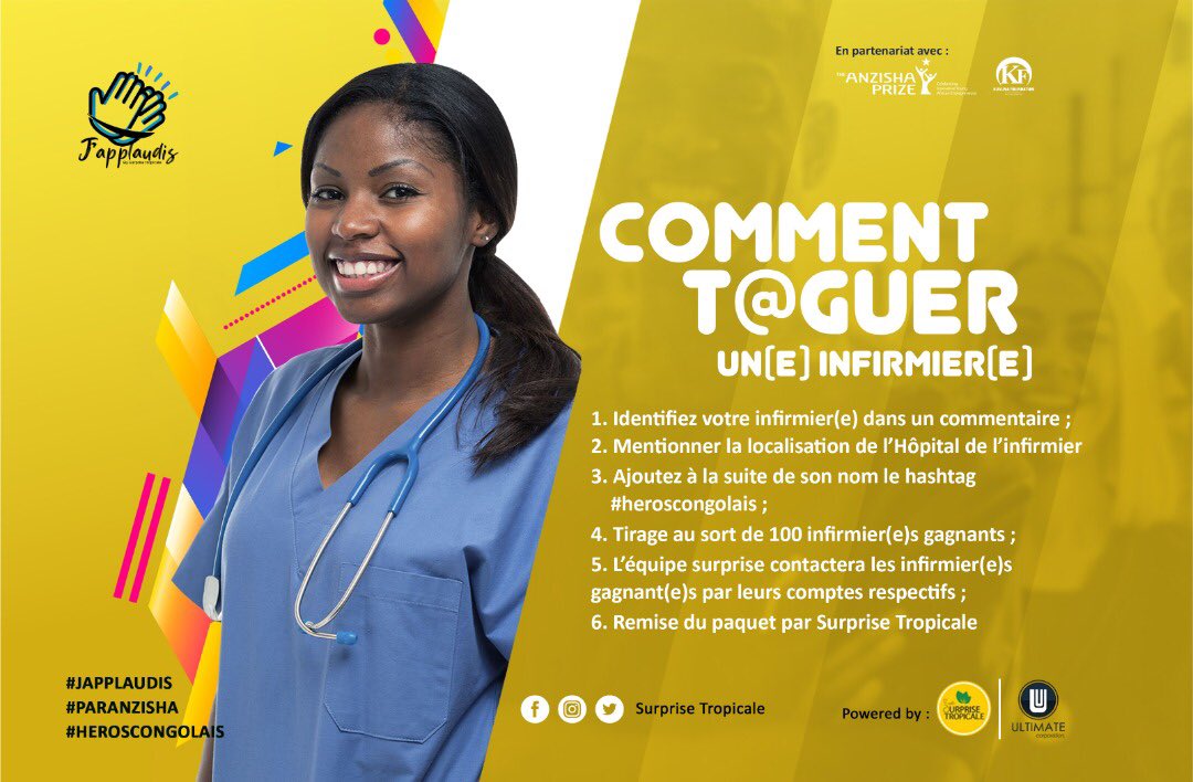 SurpriseTropic's tweet photo. CAMPAGNE J’APPLAUDIS - HÉROS CONGOLAIS
Faites gagner un paquet Surprise Tropicale à un(e) infirmier(e) qui travaille quotidiennement dans la lutte contre le fléau du COVID-19 dans la ville de Kinshasa
#Heroscongolais #STropicale #UltimateCorporation #ParAnzisha https://t.co/pDy4zNLAkp