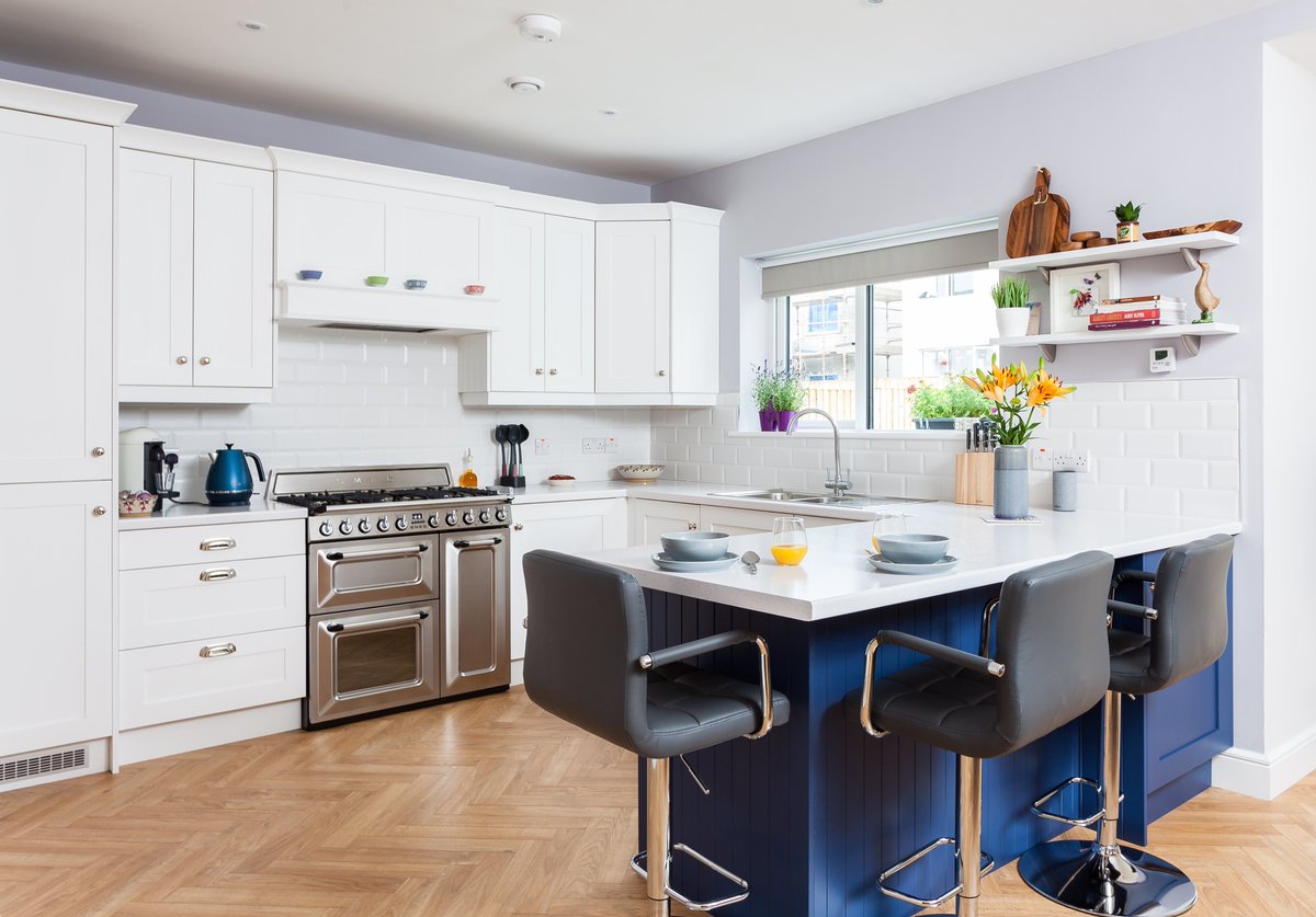 CelticInteriors's tweet photo. This @CelticInteriors #kitchen is a Shaker style, painted in White &amp; Stiffkey Blue. The Platinum White worktops work so well with the white units to create a dramatic contrast with that blue breakfast bar! #homeinspiration #homedesign #homeinspo #kitchendesign #madeinireland🍀 https://t.co/FZfTaBlbZd