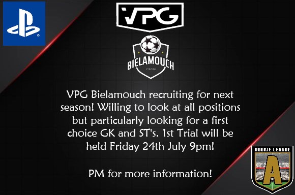 We are looking for long term ACTIVE players to come in with preparation for next season in <a href="/OfficialVPG/">Virtual Pro Gaming</a> currently in Rookie A league but don't intend on staying there! If you feel you can add to our squad drop me a DM! (18+) as have a mature squad. @Freeagent_ps4 <a href="/ProclubsRT/">Pro Club ReTweets</a>