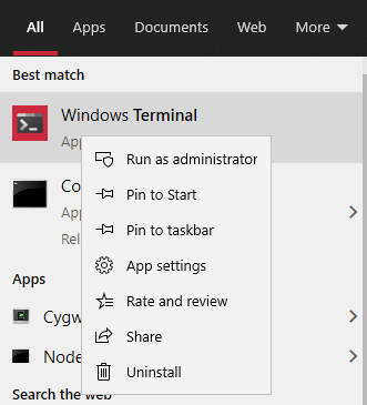 So let's just do that to Windows Terminal, and... oh.There's no more. there's no open location. there's no shortcuts. I can rate the app or share it with my friends, though?