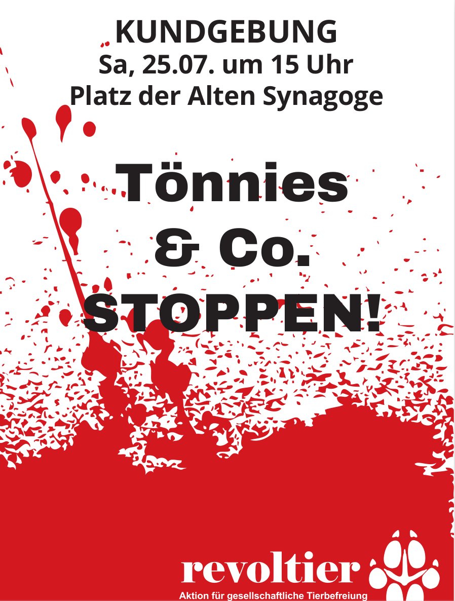 "TÖNNIES UND CO STOPPEN" - KUNDGEBUNG AM SAMSTAG 25.07.20 15Uhr Platz der alten Synagoge, Freiburg
#Toennies <a href="/GGTierindustrie/">Gemeinsam gegen die Tierindustrie</a> 

tacker.fr/node/7899

<a href="/F4F_Freiburg/">FFF Freiburg</a> <a href="/XR_Freiburg/">Extinction Rebellion Freiburg</a> <a href="/RDL_Aktuell/">Radio Dreyeckland @RDL@freiburg.social</a> <a href="/MonikaSteinfrbg/">Monika Stein</a> <a href="/die_linke_fr/">DIE LINKE. Freiburg</a> <a href="/FAU_Freiburg/">FAU_Freiburg @FAU_Freiburg@todon.nl ⚠️ inaktiv</a> <a href="/agfreiburg/">AnarchistischeGruppe</a> <a href="/FrCritical/">CriticalMassFR</a> <a href="/badischezeitung/">Badische Zeitung</a>